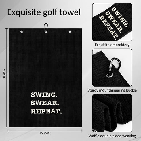 Funny Golf Towel, Swing Swear Repeat, Embroidered Golf Gifts for Men, Clip Golf Accessories