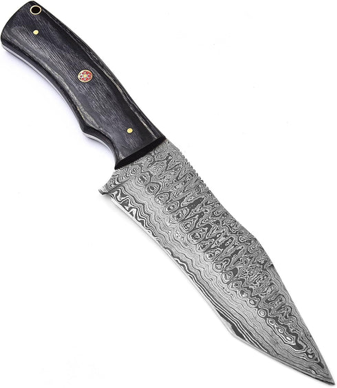 Handmade Damascus Steel Hunting Knife, 11 Inches Fixed Blade with Black Pakkawood Handle, Bushcraft Knife with Sheath