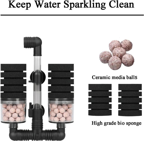 2 AQUANEAT Aquarium Air Powered Sponge Filter with Ceramic Media Balls, for Betta Fry Shrimp Fish Tank, with Spare