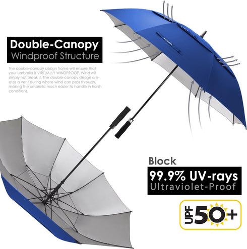 Large UV Protection Golf Umbrella, Windproof Rain/Sun, 54/62/68 Inch