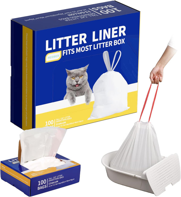 HEIDBER Drawstring Litter Liner Bags 100 Pack-Cat Litter Box Liner Bags for Litter