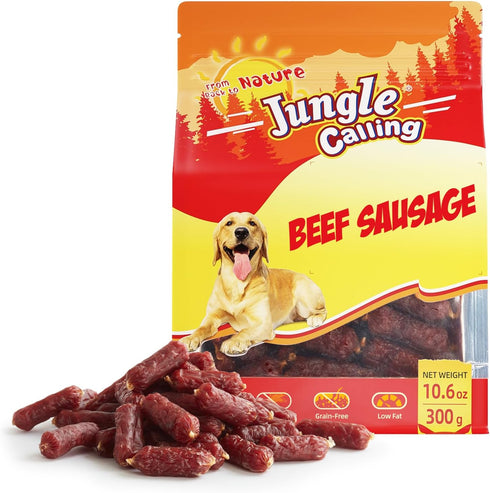 Jungle Calling Soft Beef Sausage Dog Treats, Grain-Free High Protein Tender Beef
