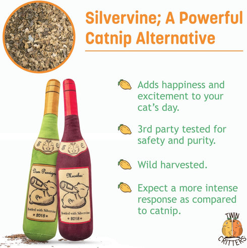 KittiLush 2-Pack Organic Silvervine Catnip Substitute Toys - 100% All-Natural Refillable Wine Bottle Kicker