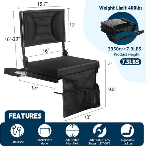 KENSOSO Extra Wide Stadium Seat with Back Support | Adjustable High Back & Thick Padded | Bleacher Chairs with back