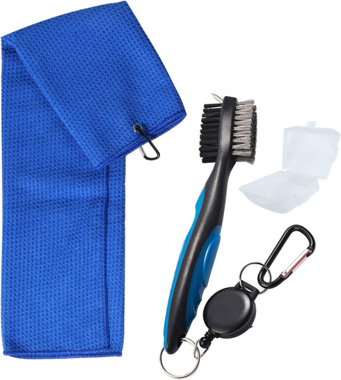 Golf Towel and Brush Set | Microfiber Waffle Design Golf Towel 16" X 24" with Retractable Zip-line Brush (Blue)