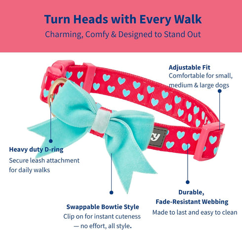 Blueberry Pet Adjustable Flocking Dog Collar - Pink Girl Dog Collars with Detachable Bowtie, 18-26 Inch Neck
