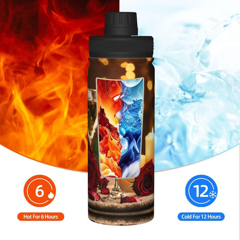 HDSKFNS 18 Oz Red Rose And Wine Romantic Lovers Print Insulated Water Bottle Stainless Steel Sport Bottles For Gym