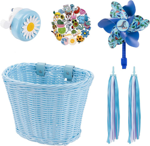 Kids Bike Basket, Woven Bicycle Basket with Stickers, Bell, Windmill, and Colorful Ribbons for Girls Boys