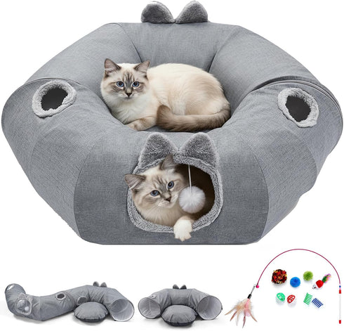 Linen Cat Tunnels with Central Cat Bed, Interactive Cat Toys Detachable Washable