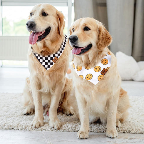 2Pcs One Happy Dude Dog Bandana, Boho Smile Face Checkerboard Print Fabric Pet Scarf, Adjustable Neckerchief