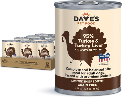 Dave's Pet Food Grain Free Wet Dog Food, 95% Turkey & Turkey Liver, 12.5 oz Cans, Case of 12