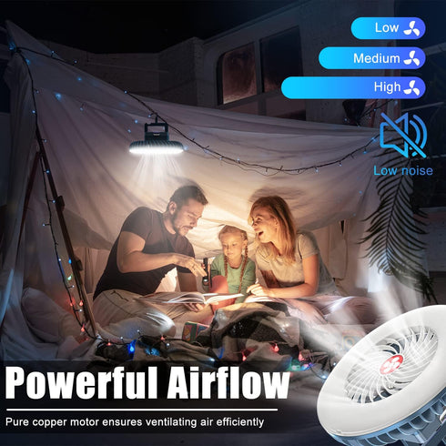 XTAUTO Portable Camping Fan with LED Lantern, USB Rechargeable Waterproof Tent Fan for Outdoor Hiking, Emergency Power