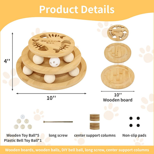 DRAGONCEE Cat Ball Track Toy with Puzzle Top, Interactive Cat Toys for Indoor Cats with Spinning Balls, Wooden Cat Ball