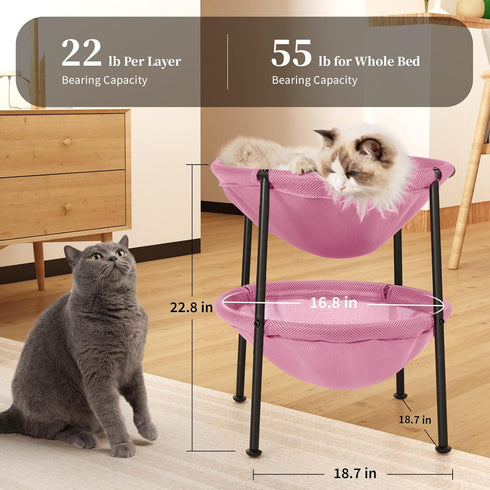 Double Cat Bed Pink - Breathable Cat Hammock for 2 Cats with Adjustable Feet & Anti-Slip Mats, Easy Assembly, 22.8 x