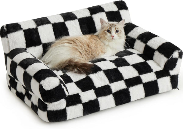 BFPETHOME Cat & Dog Couch Bed, Cute Checkered Pet Sofa for Small Pets, Non-Slip Bottom, Washable Cover (Black&White)