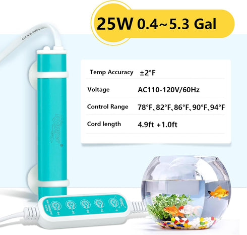 hygger Mini Submersible Aquarium Heater, Turtle and Betta Tank Heater with Digital Display (25W-Key)