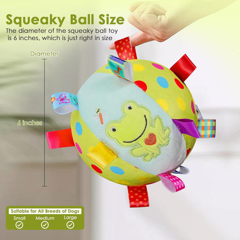 Dog Squeaky Plush Ball Toy with Straps, 6 Inches Soft Stuffed Ball with Cotton Material and Bell for Fetch