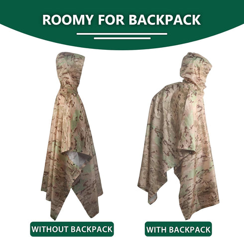 GRVCN Military Rain Poncho, Camouflage Raincoat, Outdoor Waterproof Lightweight