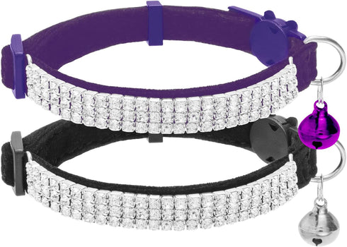 EXPAWLORER Soft Velvet Cat Collars for Girls - 2 Pack Adjustable Rhinestones Bling Breakaway Collars with Bells