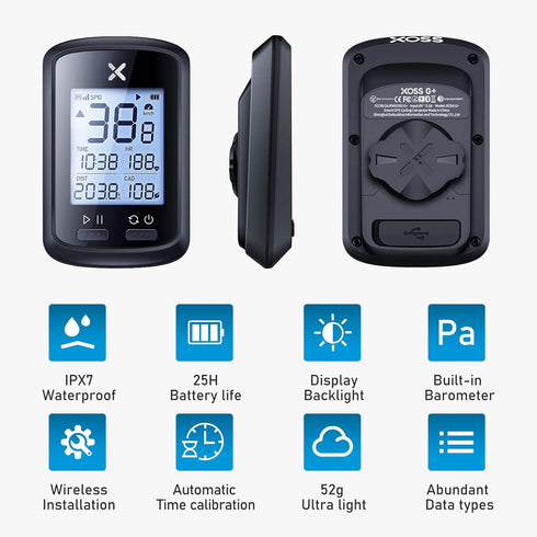 XOSS G+ GPS Bike Computer with Mount, Wireless Bluetooth Cycling Speedometer, Multifunctional Odometer, IPX7 Waterproof