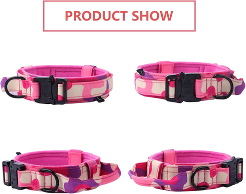 Tactical Dog Collar, Military Adjustable Nylon Dog Collar with Heavy Duty Metal Buckle (Pink Camo, M)