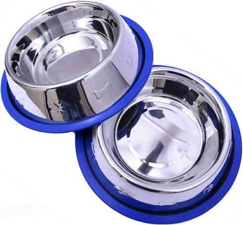 Set of 2 Etched Stainless Steel Dog Bowls, 32oz Each with Non-Skid No-Tip Silicone Ring, Easy to Clean