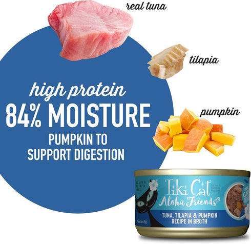 Tiki Cat Aloha Friends, Tuna, Tilapia & Pumpkin, Grain-Free Wet Cat Food for All Life Stages 3 oz. Cans (Pack of 12)
