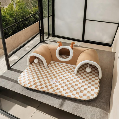 Cat Tunnel Bed IndoorPeekaboo Cave Bed with Washable Soft Play Mat, Removable Cute Cat Tunnel with Plush Balls Toys