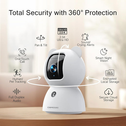 CINMOORE 2.5K 2.4GHz 2-Way Pet/Dog Camera with Speaker/Phone App, No-Monthly-Fee AI Person/Pet/Cry Detection Security