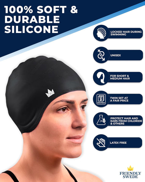 The Friendly Swede 2-Pack Swim Caps for Women & Men — Waterproof Silicone Swimming Caps for Medium & Long Hair