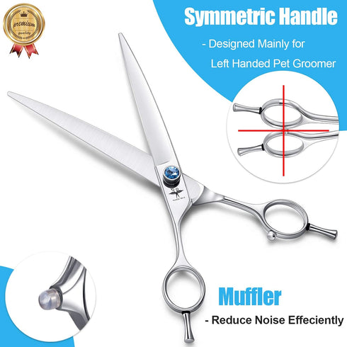 PURPLEBIRD 8 Inch Left Handed Downward Curved Dog Grooming Scissors, Professional Pet Shears, Silver
