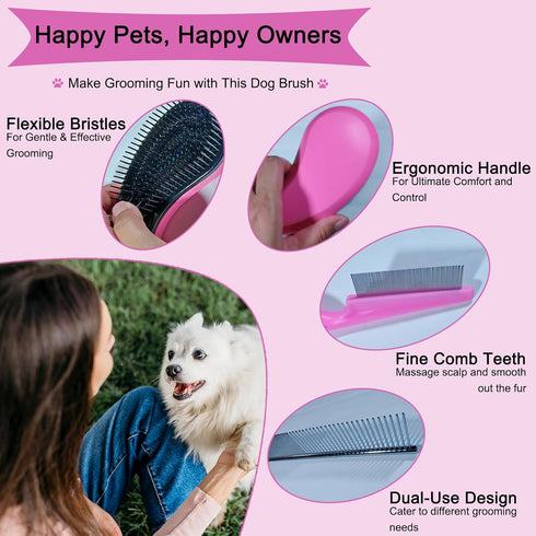 3-Piece Puppy Grooming Kit - Stainless Steel Flea Comb & Soft Bristle Brush for Small Breeds (Pink)