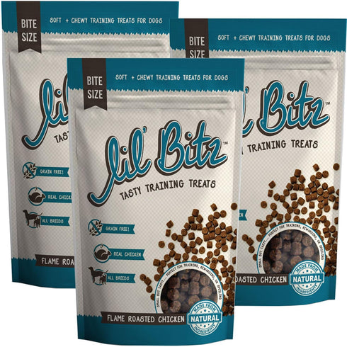 Lil' Bitz Flame Roasted Chicken Training Treats - Low Calories, Grain Free, 3 Pack for All Dog Breeds