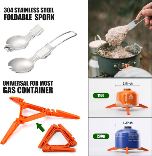 Odoland 8pcs Camping Cookware Mess Kit, Pot and Pan Set with Mini Backpacking Stove for Outdoor Cooking