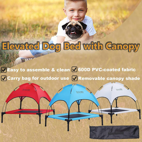 Outdoor Elevated Dog Cot with Canopy & Side Shade for Small Medium Dogs, Portable Cooling Raised Bed with Carry Bag