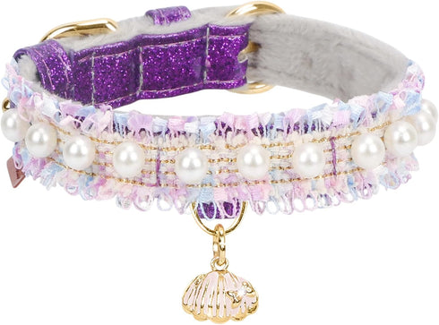 PetsHome Cat Dog Collar, Beautiful Lace Cute Pearl Premium PU Leather with Shell Pendant Adjustable for Small Dog and