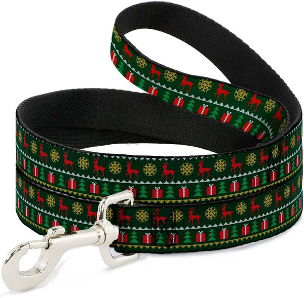 Dog Leash Christmas Sweater Stitch, 6 Feet Long, 1.0 Inch Wide (Green White Gold Red)