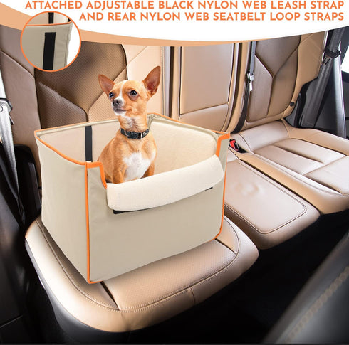 Collapsible Pet Booster Car Seat Box with Plush Fleece Cover, Foldable Carseat for Small Dogs Under 20 lbs, Khaki