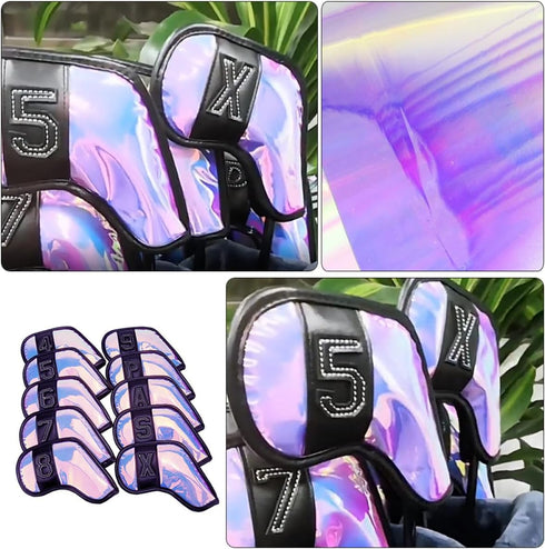 10pcs OSALADI Golf Club Covers Putter and Iron Covers TPU Shell with Iridescent Mirror Finish Black Trim Golf Driver
