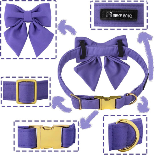 Maca Bates Dog Collar with Bow Bowtie for Dogs Solid Colors Sailor Bow Tie Adjustable Breakaway Purple Collars Accessories Birthday Gift for Small Medium Large XL Puppy with Golden Metal Buckle