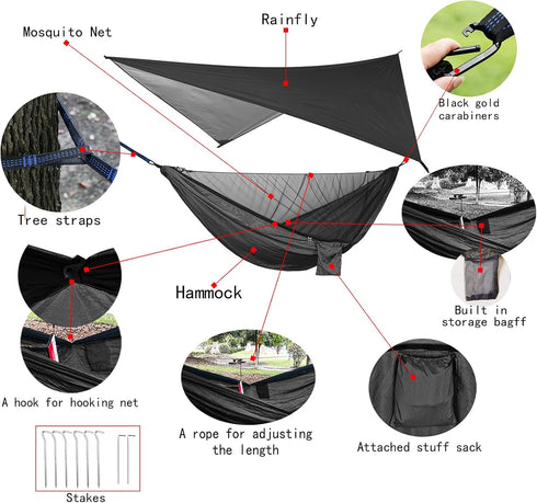 Oversized Rain Rope Tarp and Camping Hammock with Mosquito Net, Portable Single Double Hammock Set for Outdoor