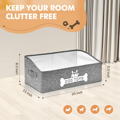 Dog Toy Basket - Collapsible Storage Box with Handle for Pet Toys and Accessories - Specially Designed, Grey