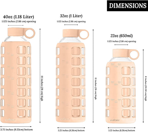 purifyou Premium Glass Water Bottles, 40oz Reusable Drinking Bottle with Silicone Sleeve