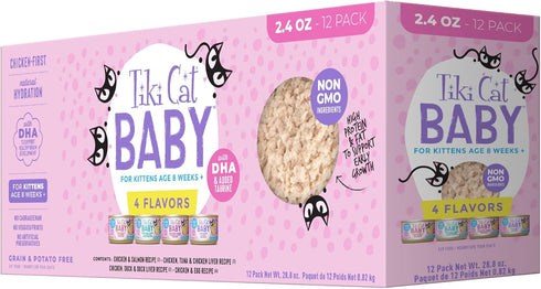 Tiki Cat Baby Shreds Variety Pack, High-Protein Wet Cat Food for Kittens 8 Weeks Plus, 2.4 oz. Cans (Pack of 12)