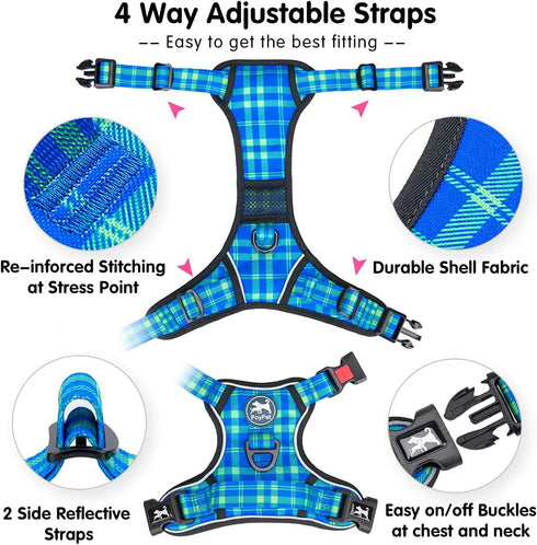 PoyPet No Pull Dog Harness, Reflective Adjustable Vest with 2 Leash Attachments, Soft Control Handle for Small Medium