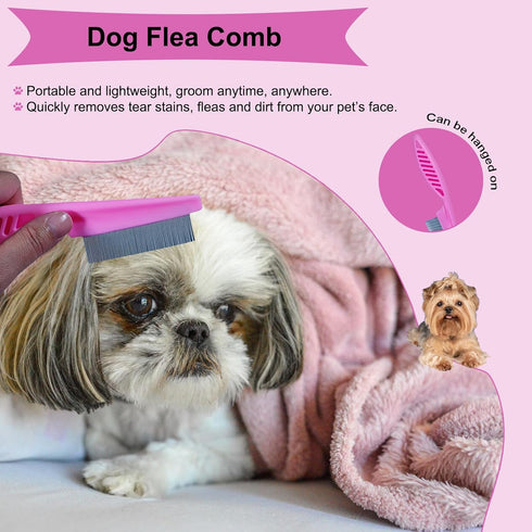 3-Piece Puppy Grooming Kit - Stainless Steel Flea Comb & Soft Bristle Brush for Small Breeds (Pink)