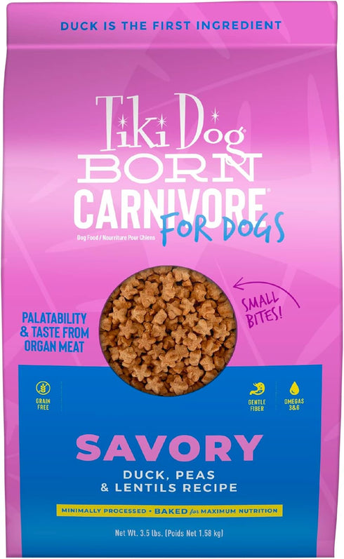 Tiki Dog Born Carnivore Savory Duck, Peas & Lentils Recipe, Grain Free Baked Kibble for Adult Dogs, 3.5 lbs