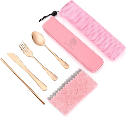 Travel Utensils Set with Case | Portable Silverware Set | Reusable Stainless Steel Flatware | Includes