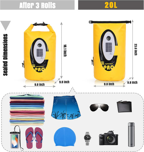 Waterproof Dry Bag with Solar Bluetooth Speaker & Light, 20L Roll Top Dry Sack for Kayaking, Hiking