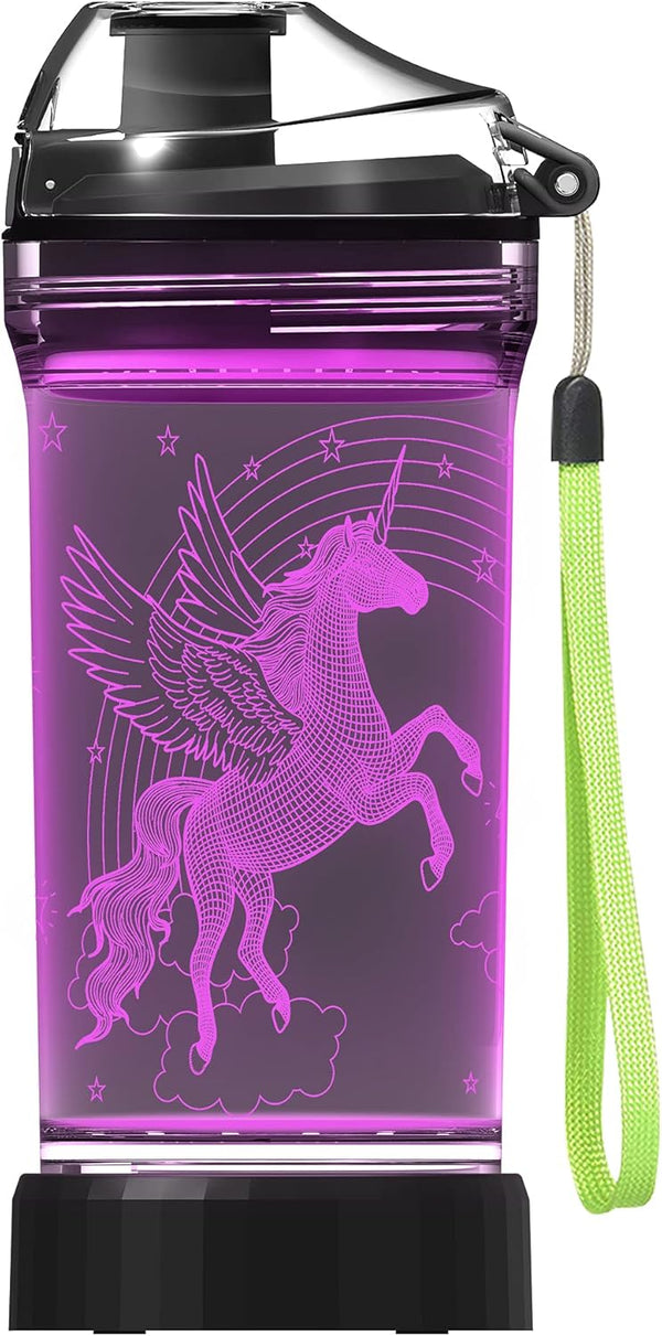 Kids Water Bottle with 3D Glowing Unicorn Illusion LED Light - 14 oz - Creative Gift for Girls